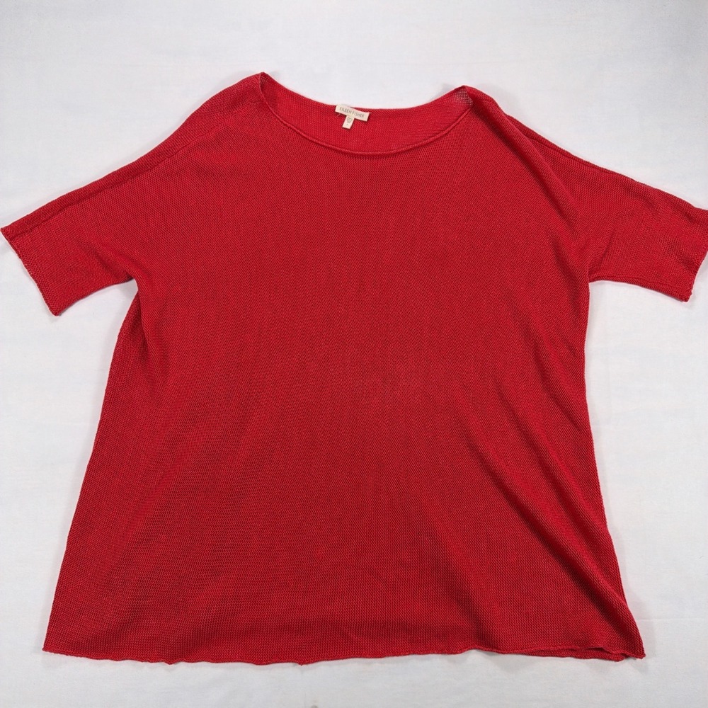Eileen Fisher 100% Hemp Knit Short Sleeve Boxy Sweater Top L Red‎ Minimalist
